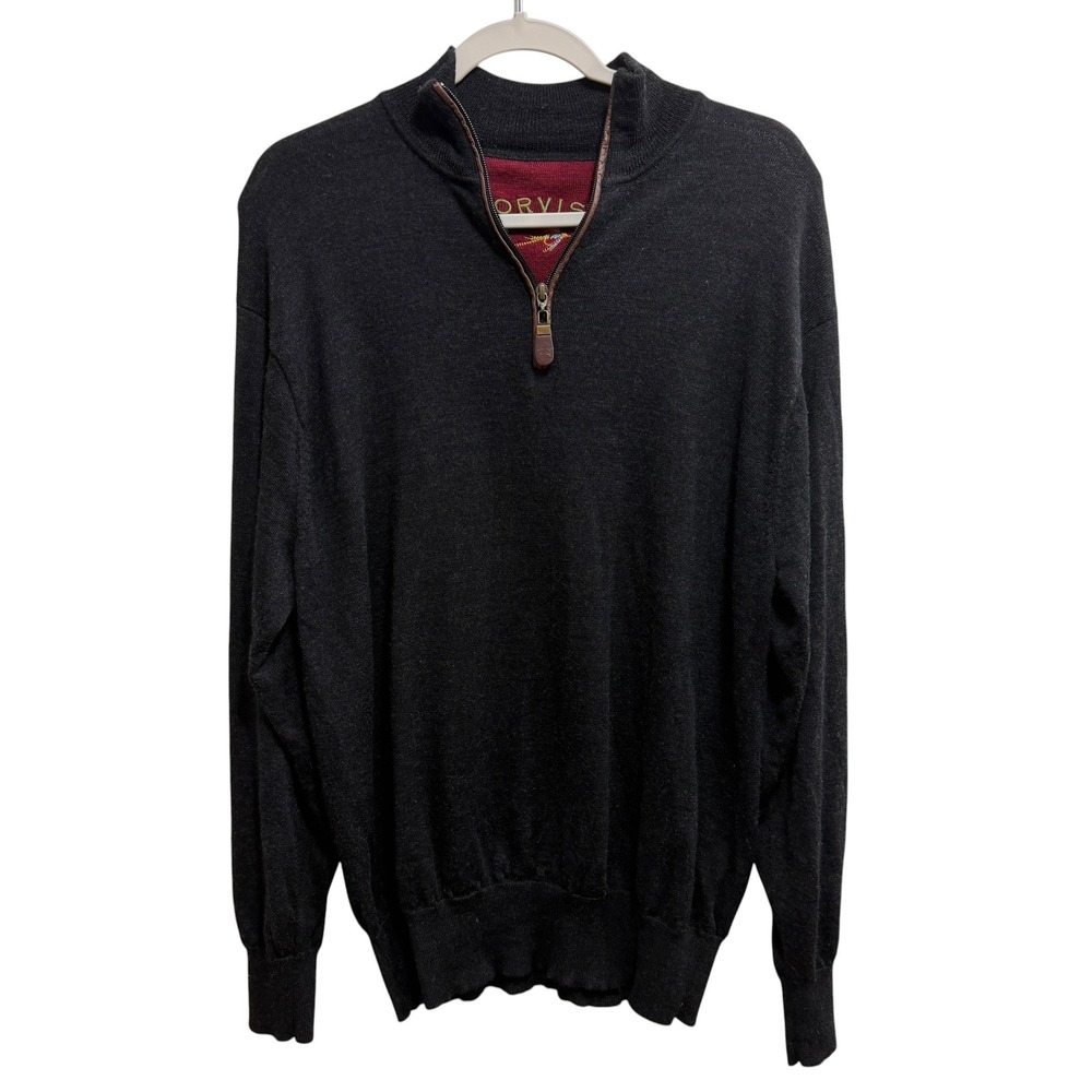 Orvis Mens 100% Merino Wool Quarter Zip Sweater Charcoal Gray Mock Neck Large